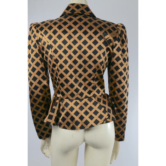 Richard Warren Pure Silk Vintage Peplum Blazer Beige Black Diamond Grid Size 4 - Picture 11 of 15
